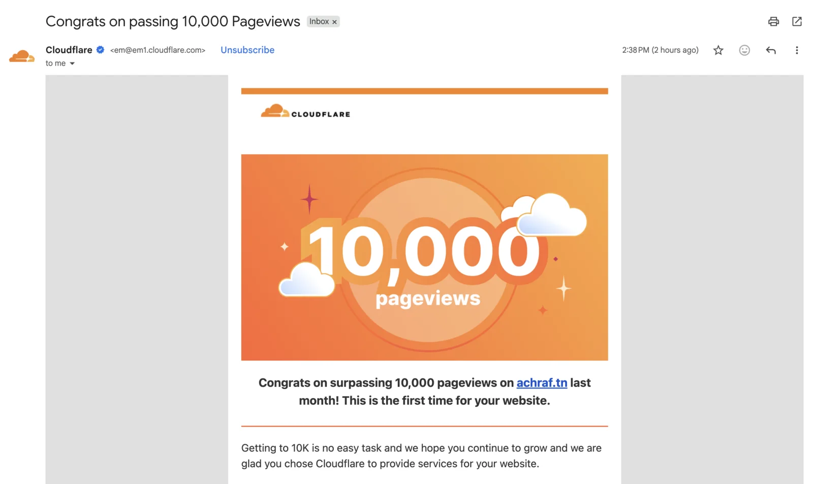 Cloudflare email: Congrats on surpassing 10,000 pageviews on achraf.tn last month.